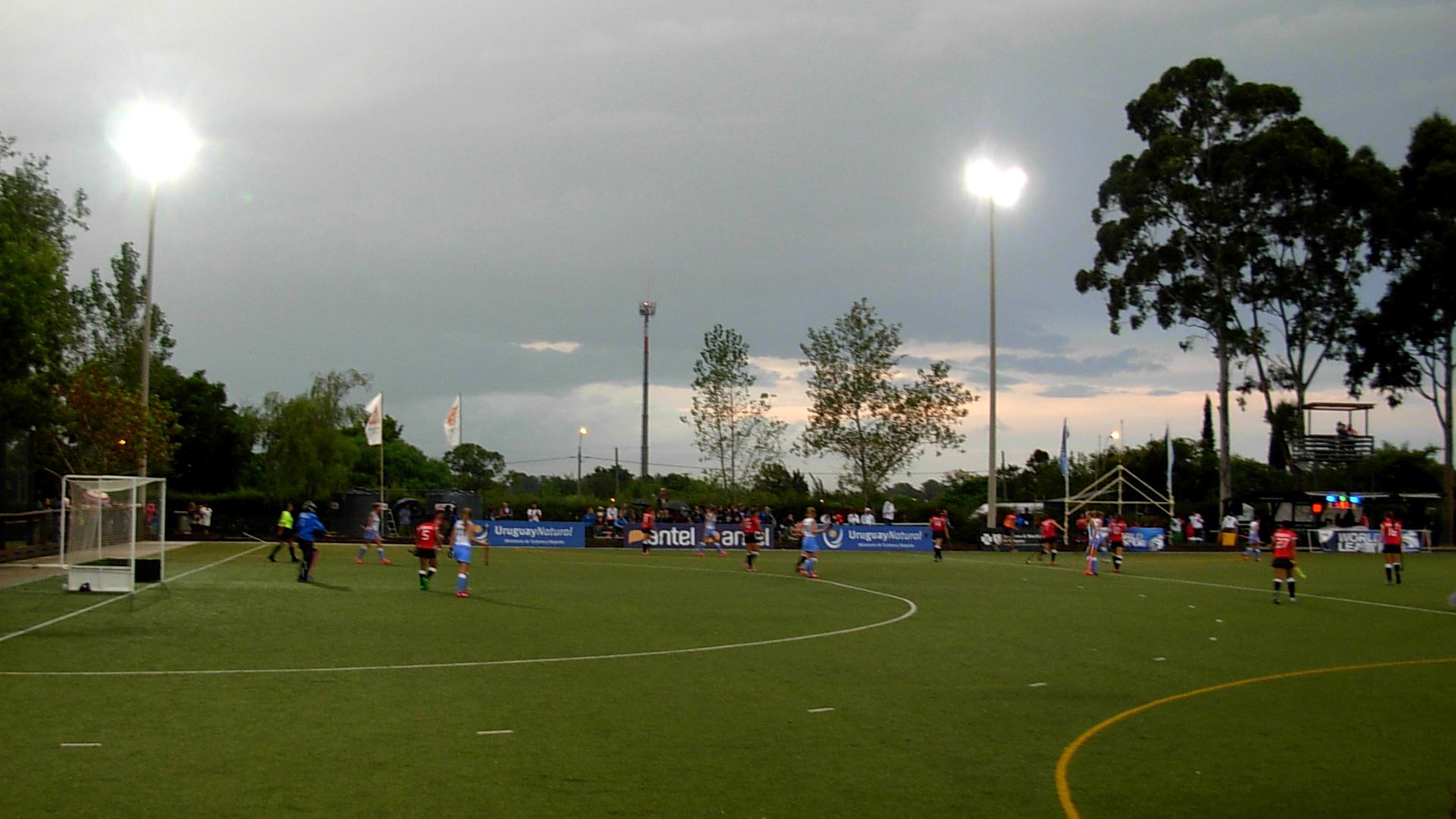 Jugadoras de hockey en una cancha sintética iluminada